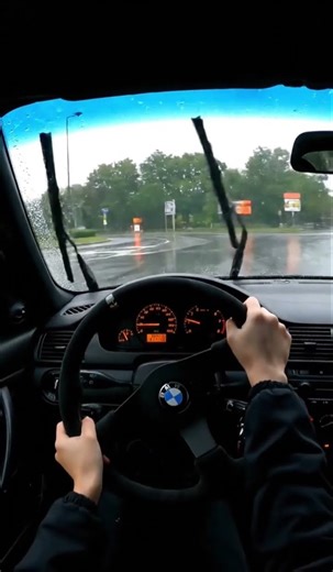 POV inside a BMW E46 with an OMP steering wheel, driver’s hands on the wheel