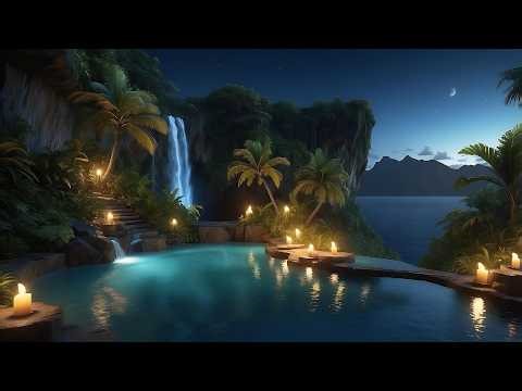 Tropical Waterfall Night 🌊 3 Hours Ocean Waves, Jungle Sounds & Relaxing Candlelight Sleep