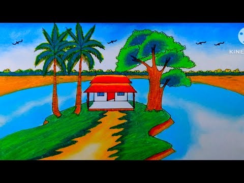 How to Draw a Small House Beside a Calm River, Tree and a Village Road | step by step Drawing