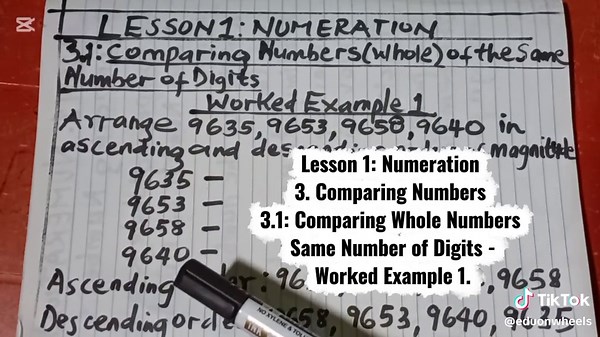 Numeration: Comparing Whole Numbers - Same Number of Digits – Worked Example 1 Lesson 1: Numeration 3. Comparing Numbers 3.1 Comparing Whole Numbers - Same Number of Digits – Worked Examples: 1 How to Compare Whole Numbers (Same Digits) | Simplified Math Worked Example 1 Math hack alert! 🚨 Ever get confused when numbers look almost identical? Watch how we use the elimination method to rank numbers from smallest to largest in seconds. 🧠✨ Whether you're in India, Nigeria, or the USA, these steps