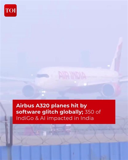 Air travel faces significant disruption this weekend as over 350 #IndiGo and #Air IndiaA320 family aircraft in #India, and thousands globally, are grounded for a crucial software upgrade. This precautionary measure follows an incident where an A320 unexpectedly pitched downward, potentially due to solar radiation affecting flight control data. The upgrade aims to ensure fleet safety. Details here 🔗http://toi.in/QvJmZY | The Times of India
