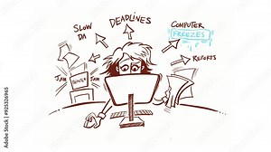 Cartoon animation of a frantic, stressed female. She is multitasking deadlines, slow data, printer jams and computer problems. Stock Video