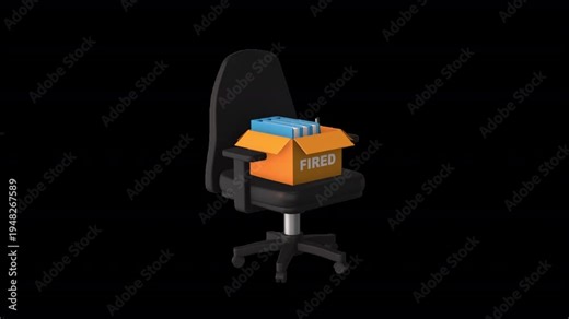 Unemployment job loss animated icon showing a fired office box on chair. 8 second smooth motion with transparent background, ideal for business, layoffs, HR issues, workforce reduction,