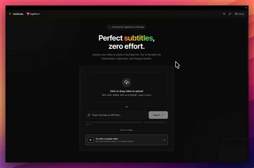 Announcing SubStudio!Generate subtitles for any video in seconds with AI. 100% free & open source!Powered by Whisper on @togethercompute and @FFmpeg via fluent-ffmpeg.