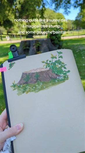 Gouache Painting: A Sunny Day with a Magical Tree Stump