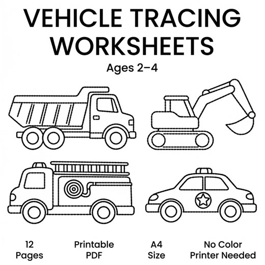 Vehicle Tracing Worksheets for Toddlers | Construction & City Vehicles | Printable PDF A4 | Ages 2–4 - Etsy