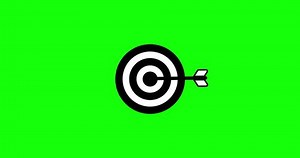 Hit a target or goal with an arrow simple loop animation on green background. Aim target with arrow sign. Archery, darts or goal strategy. The yellow, blue and purple icon in the circle button