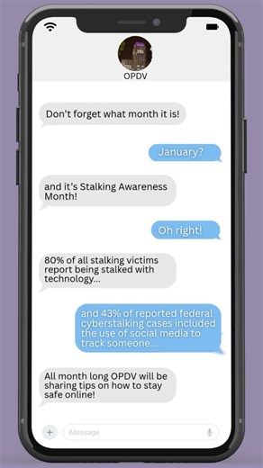 NYS Office for the Prevention of Domestic Violence on Instagram: "January is #StalkingAwarenessMonth - DYK 80% of stalking victims report being stalked with technology, and 43% of reported federal cyberstalking cases included the use of social media platforms to track someone?! Follow along this month as we share tips to protect yourself and stay safe on social media! #PowerDownSpeakUp"