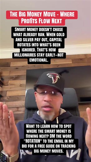 The speaker explains that after assets like metals have had a run, big investors rotate their profits into assets that haven't run yet, specifically mentioning crude oil as a primary target and other