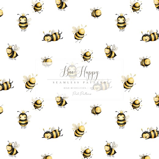 Bee Seamless Pattern, Cute Watercolor Bees Digital Paper With Crown Bees, Yellow Baby Background JPG, Instant Download, Nursery Bee Pattern - Etsy