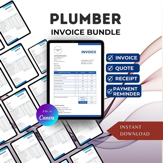 Plumber Invoice Bundle | Invoice, Quote, Receipt & Payment Reminder Template | Editable Canva | Instant Download - Etsy
