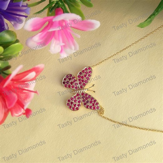 14K Yellow Gold Ruby Butterfly Pendant Necklace - Etsy