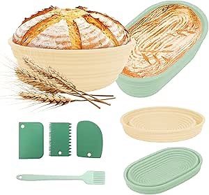 Silicone Banneton Bread Proofing Basket, 9 inch Round & 10 inch Oval Banneton Basket, Foldable Sourdough Proofing Basket, Proofing Bowls for Sourdough Bread, Sourdough Starter Kit