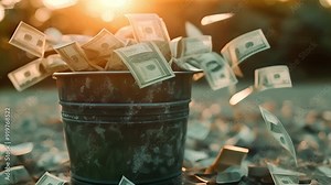Throw the dollar money in the trash. Money as garbage. Garbage can full of money spilling over