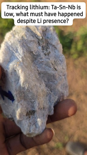 Pegmatite Geochemistry: An Insight A sample from an active lithium mine (~3% Li₂O) was analyzed using a handheld XRF and gave the following results: Rb = 4400 ppm, Cs = 263 ppm, Ta = 0 ppm, Sn = 50 ppm, Nb = 6 ppm. Despite coming from a lithium-rich zone, the Ta, Sn, and Nb values are quite low compared to other LCT (Lithium-Cesium-Tantalum) pegmatites observed in Nassarawa State of Nigeria. This suggests that: 1. The Li enrichment may have occurred independently of Ta–Nb–Sn mineralization, poss