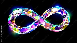 Bright and colorful infinity symbol made of reflective crystal on a black background