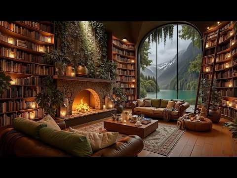 Rainlit Atrium Library Jazz with Hanging Lanterns | Bibliophile Haven, Deep Focus & Reading Calm