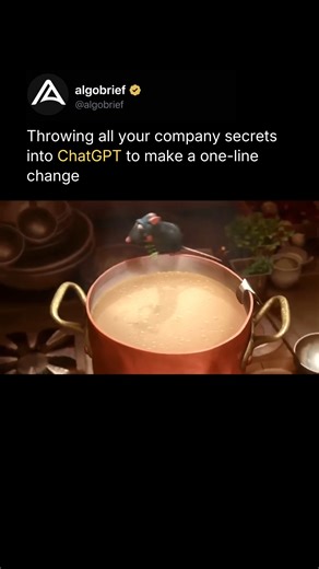 algobrief on Instagram: "Throwing half the company wiki, internal docs, Slack threads, and random code snippets into ChatGPT… just to change one line. It feels reckless. It feels chaotic. It feels like you’re about to leak something. And that’s exactly why the Ratatouille clip is the perfect visual for how using AI at work really feels. You toss in all the “ingredients” hoping it somehow comes out right, crossing your fingers, praying nothing leaks, and somehow… sometimes it actually works. Ever
