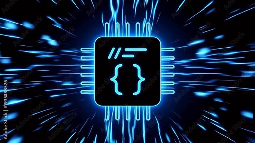 Minimalist line art icon of a microchip with code symbols (curly braces and comment slashes), representing programming, software development, and computer engineering concepts.