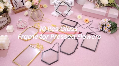 BBTO 10 Pcs Glass Frame for Pressed Flowers 5 Different Shapes Brass Hanging Picture Frame with Chain Pressed Flower Glass Photo Frames for Artwork Frame Home Wall Decor Plant Specimen (Gold)