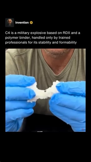 Invention on Instagram: "C4 is a military explosive that uses RDX as its energetic ingredient combined with a polymer binder. That binder gives the compound a putty like consistency that allows it to be shaped without sacrificing the stability of the energetic crystals. Because of this design C4 can be stored and handled under strict protocols by trained personnel while still providing predictable performance for professional applications. From a materials perspective C4 illustrates the trade of