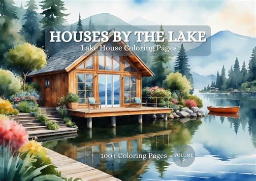 Houses by the Lake Coloring Pages Volume 2 , Cozy House and Cabin Landscapes, PDF, PNG - Etsy