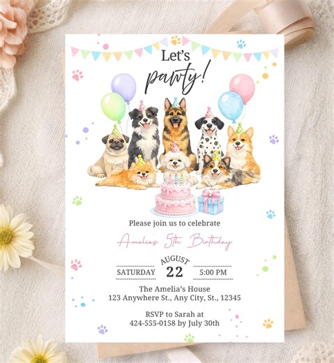 Puppy Birthday Invitation Template, Dog Invitation, Puppy Party Invite, Pet Birthday Invite, Dog Invite, Girl Birthday, Cute Watercolor Dogs - Etsy