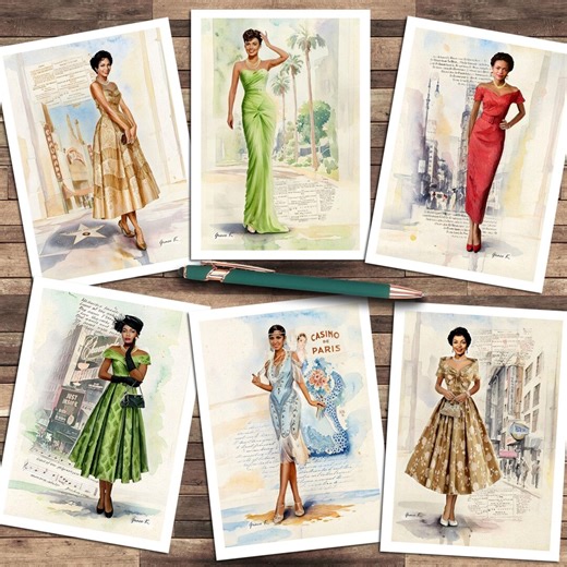 Classic Hollywood Leading Ladies Note Cards, Art Illustrations, African American, Set of 6 - Etsy