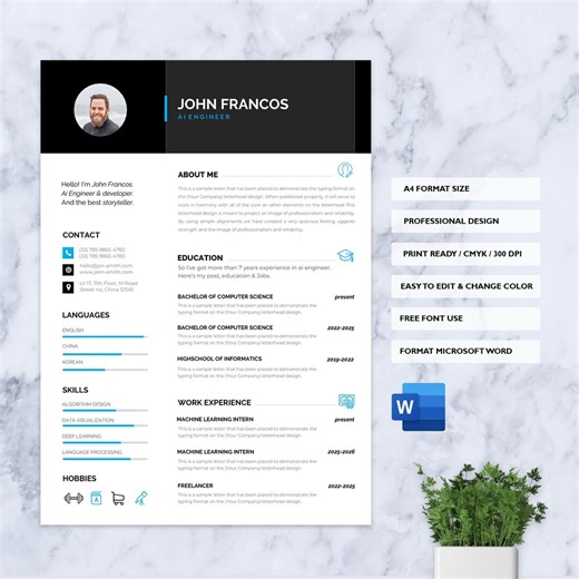 Modern Dark Resume Template Word | ATS Friendly CV Design (digital Download) - Etsy