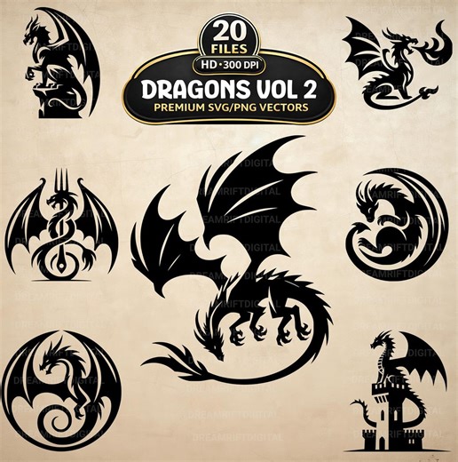 Dragons Vol 2 SVG PNG Bundle, Fantasy Dragon Silhouette Clipart, Medieval Mythical Creature Vector Art, Pod, Sublimation, Cricut & Cut Files - Etsy