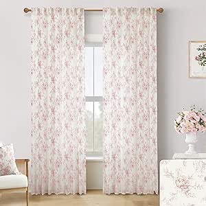 Pink Vintage Floral Curtains for Girls Bedroom, Cute Light Blush Pink Sheer Flower Pattern Printed Cottage Core Boho Shabby Chic Christmas Curtains for Living Room, 2 Panels, 84 Inches Long