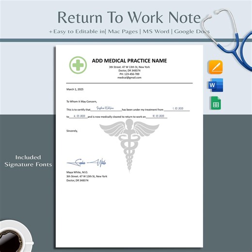 Return to Work Template, for Work, Doctor Excuse Letter, Doctor Note for Work, Doctor Notes, Doctor Excuse Editable (word,google Docs,pages) - Etsy
