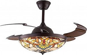 42" Ceiling Fan, Stained Glass Ceiling Fan w/Light Led & Remote, Retractable Ceiling Fan with Lights, Adjustable Color Temp & Speed Chandelier for Living Dining Room