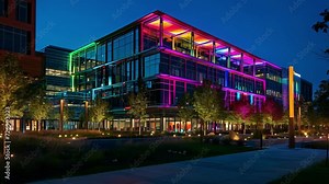 The office buildings exterior is transformed into a colorful landscape at night with the combination of lights and architecture creating a stunning visual display.