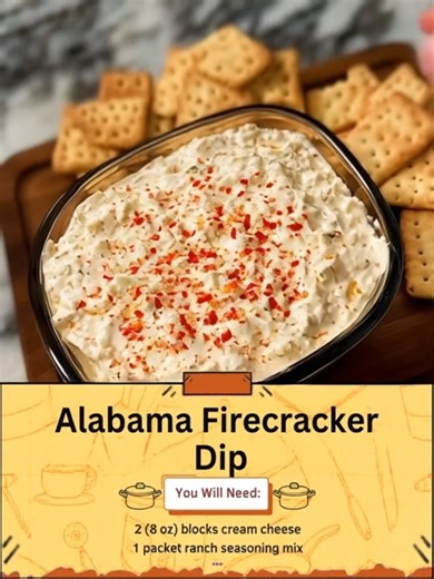 ALABAMA FIRECRACKER DIP 🌶🔥🧀 Bold, creamy, spicy, and addictive — this dip is bursting with zesty ranch, hot sauce, cheese, and crushed crackers for a fiery crunch in every scoop! Ingredients: 2 (8 oz) blocks cream cheese, softened 1 cup sour cream 1 packet ranch seasoning mix 1/2 cup hot sauce (like Frank’s RedHot) 1 1/2 cups shredded cheddar cheese 1/2 tsp garlic powder ---- FuII Recıpe in Coʍmеոτs👇👇💬 Enjoy! 😋 #gameday #yummyfood #dip #snacktime | Nevaeh Recipes