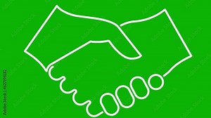 Animated white linear handshake icon appears. Symbol is drawn. Concept of deal, agreement, treaty, partnership. Vector line illustration isolated on the green background. Stock Video