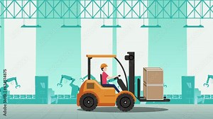 Scene of a worker operating a forklift inside a factory. animation 2d