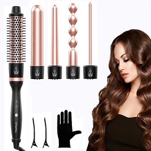 5 in 1 Curling Wand Set, Adjustable Temperature Hair Curler Kit with Heated Round Brush & Bubble Curling Wand, Curling Iron Set Waver Crimper Hair Tool Gift for Women