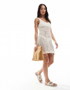 New Look ladder stitch mini dress in cream | ASOS
