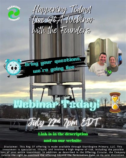 🚨Join Chris & Cheryl this evening for a LIVE Q&A Webinar! If you’ve been on the fence about investing or simply have some questions for us, please join us! Harmony Turbines LIVE Q&A Webinar 📅Tuesday, July 22 · 7:00 – 8:00pm Time zone: America/New_York 🔗Video call link: https://meet.google.com/rmv-uzjr-whv ☎️Or dial: (US) 1 225-629-3119 PIN: 944 097 393# More phone numbers: https://tel.meet/rmv-uzjr-whv?pin=2456303645530 Interested in Investing? Go to https://HarmonyTurbines.com for more infor