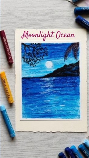 🌙Moonlight Ocean Scenery Drawing|Easy Night Sea Art with Oil Pastels #art #oilpastel #shorts