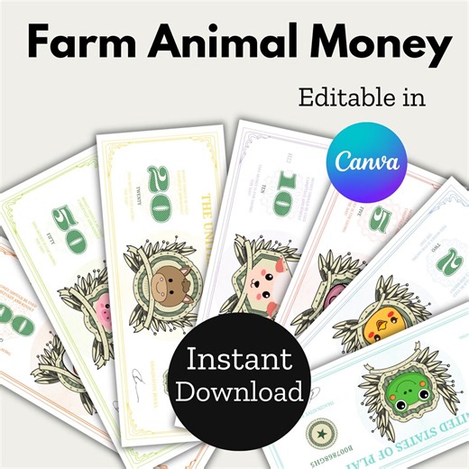 Farm Animal Fake Money Template | Play Money Printable for Kids | Canva Editable Digital Download - Etsy