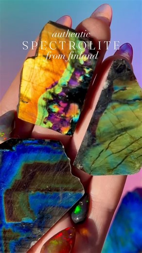 Luxe Crystals • Curated Crystals & Minerals on Instagram: "believe it or not these are NOT labradorite… Say hello to the rare, authentic spectrolite from Finland. There are a lot of times people try to pass Madagascar labradorites as “spectrolite” but this is the authentic find & something we’ve been trying to source forever- found only in Finland! Spectrolite is almost a gem variety of lab, prized for its flash- far more intense than labradorite and sharp range of colors. We have been trying to