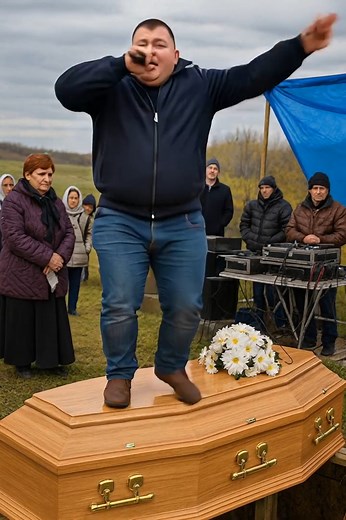 During the funeral, one of the men suddenly jumped onto the coffin with a microphone in his hand and started singing and dancing: everyone present was shocked by his strange behavior — until they learned the reason 😱😲 A forty-year-old man was being buried; the illness had taken him far too soon. At the cemetery, everyone had gathered — family, friends, neighbors, and colleagues. People stood in silence. Some quietly sobbed, others just stared at the ground, unable to believe this was really ha