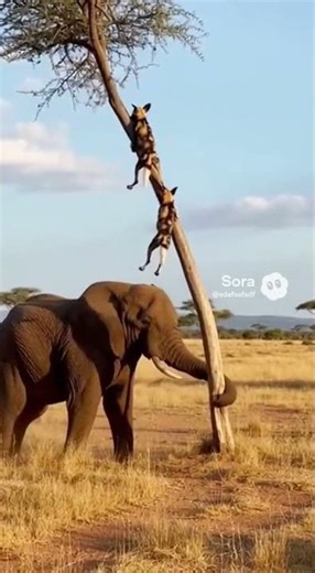 Elephant Shakes Tree, Wild Dogs Hold On For Dear Life #Elephant #WildDogs #NatureDrama