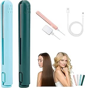 Mini Dual-Purpose Curling Iron, 2 in 1 Mini Hair Curler, Ceramic Mini Hair Curler, Mini Portable Hair Iron Hair Straightener Curler (blue and green)