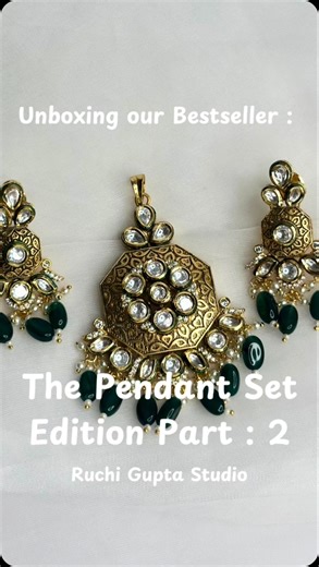 Ruchi Gupta Studio on Instagram: "Small details, grand statements. Whether it’s a silk saree or a simple kurta, the right pendant set changes everything. We’ve curated 10 of our most-loved ethnic designs to help you shine at every occasion. Our 1) Antique Kundan pendant set ( Ruby red) 2) Navratan square pendant set 3) Divine gold biscuit pendant set 4) Royal Kundan Pearl pendant set 5) Navratan radiance pendant set 6) Sparkle green stone pendant set 7)Royal round Kundan pendant set ( blue) 8) R