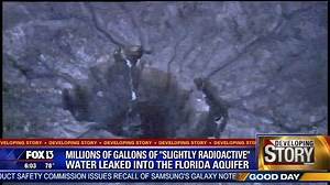 The pictures are striking: A massive sinkhole opened up underneath a Mosaic retention pond in Polk County, leaking more than 200 million gallons of "slightly radioactive" water into the Florida aquifer. MORE: http://www.fox13news.com/news/local-news/205670181-story | FOX 13 News - Tampa Bay