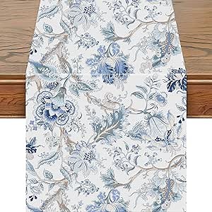 Snycler 13x48 Inch Table Runners White Blue Bird Flower Table Runner Modern Elegant Luxury Farmhouse Geometric Chinoiserie Table Center White Linen Decor for Home Dining Party Entrance