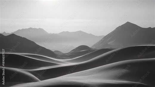 Rolling desert sand dunes and dramatic mountains creating an atmospheric black and white landscape, highlighting natural patterns, vastness, and a sense of calm in a remote environment